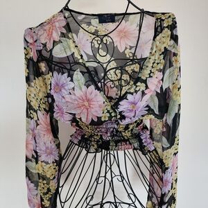 RAGA Floral Sheer Blouse - Black, Pink, Yellow, Purple